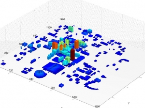 trójwymiarowy obraz wymodelowanych zabudowań na obszarze zurbanizowanym