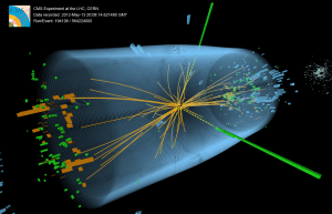 Rekonstrukcja przypadku z produkcją bozonu Higgsa w detektorze CMS (grafika: CMS@CERN)