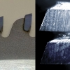 Fot. 1. Zęby piły tarczowej do drewna modyfikowanej za pomocą implantacji jonów (widoczne różnice w geometrii zębów). Po prawej zdjęcie mikroskopowe obrazujące różnice w zużyciu między narzędziem niemodyfikowanym (na górze) a udoskonalonym w NCBJ (na dole). Ciemniejsze obszary na dolnym zębie to odtwarzające się struktury amorficznego węgla. Zdjęcia mikroskopowe w kolorach sztucznych. (Źródło: NCBJ/PORTA)